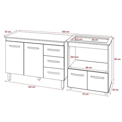 Balcão Armário Gabinete Bruna 118 Cm Branco Com Tampo Preto E Balcão Evelyn Para Cooktop 5 Bocas Branco