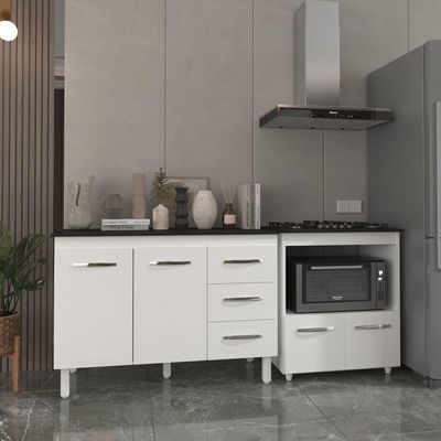 Balcão Armário Gabinete Bruna 118 Cm Branco Com Tampo Preto E Balcão Evelyn Para Cooktop 5 Bocas Branco