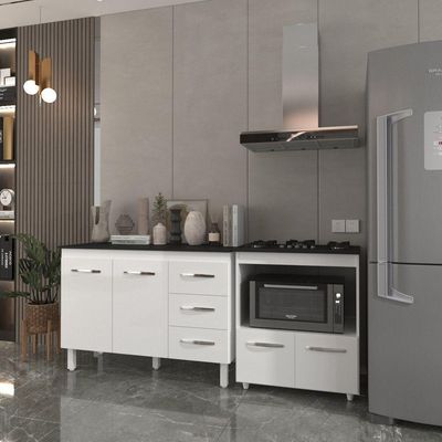 Balcão Armário Gabinete Bruna 118 Cm Branco Com Tampo Preto E Balcão Evelyn Para Cooktop 5 Bocas Branco
