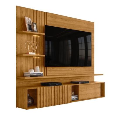Home Para Tv Painel Com Led Porta Ripada Nice Cumaru