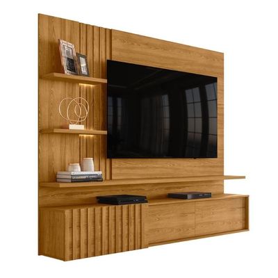 Home Para Tv Painel Com Led Porta Ripada Nice Cumaru
