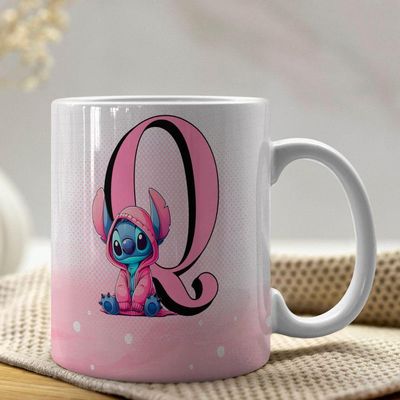 Caneca De Porcelana Stitch Letras A-z 325ml Rosa Q