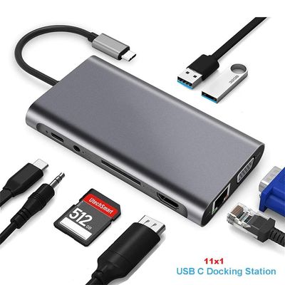 Hub Docking Station 11x1 Adaptador Type C x Lan, Hdmi, Vga, Sd, Usb 3.0, Pd e P2