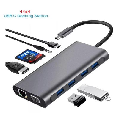 Hub Docking Station 11x1 Adaptador Type C x Lan, Hdmi, Vga, Sd, Usb 3.0, Pd e P2