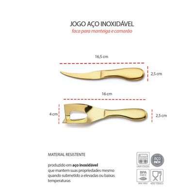 Faca Queijo Camarao Manteiga Jogo Aço Inox Dourado 2un