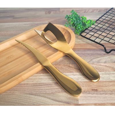 Faca Queijo Camarao Manteiga Jogo Aço Inox Dourado 2un
