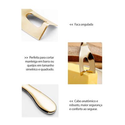 Faca Queijo Camarao Manteiga Jogo Aço Inox Dourado 2un