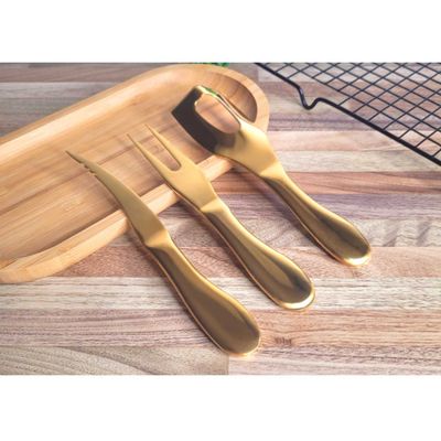 Faca Garfo Queijo Camarao Manteiga Jogo Aço Inox Dourado 3un
