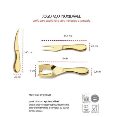Faca Garfo Queijo Camarao Manteiga Jogo Aço Inox Dourado 3un