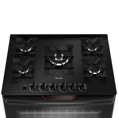 Fogão Mueller 5 Bocas Preto Com Mesa De Vidro E Tripla Chama