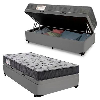 Cama Box Baú Solteiro Sintético + Colchão De Espuma D33 - Serene - 88cm Cinza