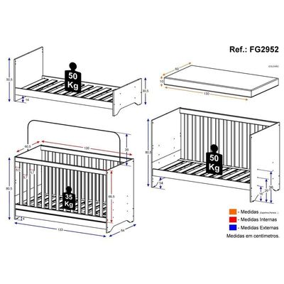 Berço 3Em1 C/ Colchão Incluso Multimóveis Elza Fg2952 Branco