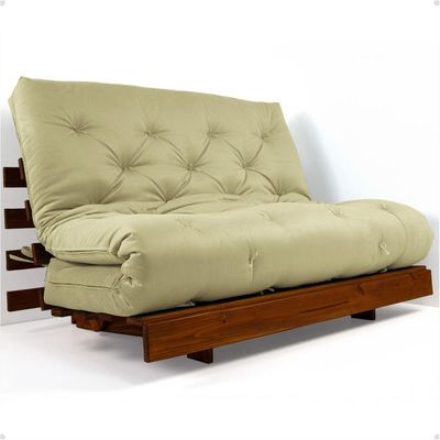 Sofá Cama Casal Futon Tokio Bege Madeira Maciça Cor Imbuia