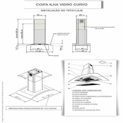 Coifa Ilha 90Cm Vidro Curvo 3 Velocidades Inox Inox 110V 110V
