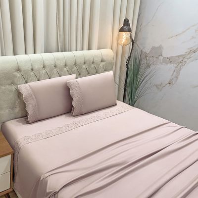 Jogo de Cama Lençol Casal Nupcial Percal 300 Fios 4 Peças - Rosê
