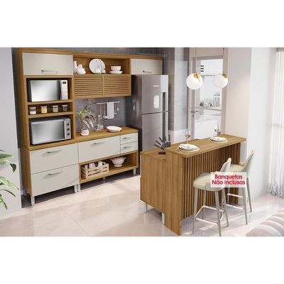 Cozinha Modulada Completa Princesa 5 Peças 1 Aéreo + 2 Balcões + 1 Paneleiro+1ilha C6p61 Freijó Off White