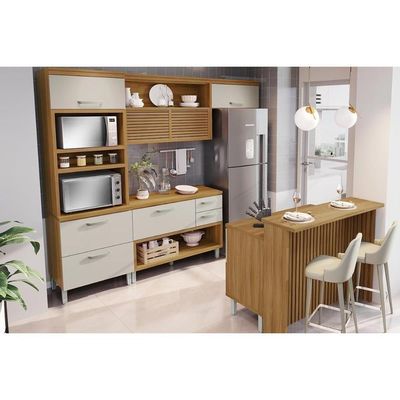 Cozinha Completa 5 Peças Princesa 1 Aéreo 2 Balcões 1 Paneleiro 1 Ilha C6p61 Freijó Off White