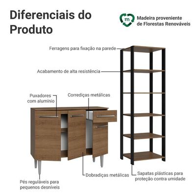 Kit Cozinha Balcão Gabinete 3 Portas 1 Gaveta E Armário Cozinha Despensa 5 Prateleiras Rustic/preto
