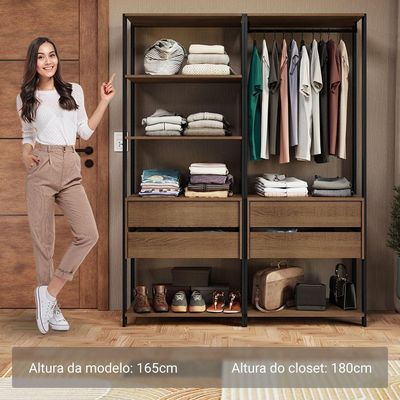 Guarda Roupa Closet Modulado 4 Gavetas 6 Prateleiras 140cm Valencia Rustic Preto