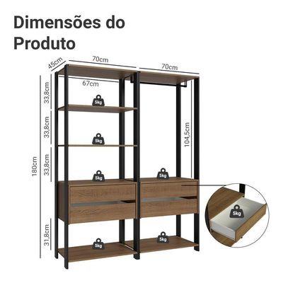 Guarda Roupa Closet Modulado 4 Gavetas 6 Prateleiras 140cm Valencia Rustic Preto
