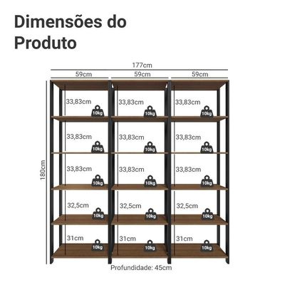 Armário Estante Multiuso Organizador Despensa 15 Prateleiras 177cm Rustic/preto Madesa