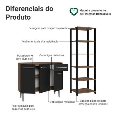 Kit Cozinha Balcão Gabinete 3 Portas 1 Gaveta E Armário Cozinha Despensa 5 Prateleiras Preto/rustic