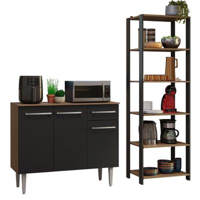 Kit Cozinha Balcão Gabinete 3 Portas 1 Gaveta E Armário Cozinha Despensa 5 Prateleiras Preto/rustic