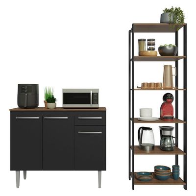 Kit Cozinha Balcão Gabinete 3 Portas 1 Gaveta E Armário Cozinha Despensa 5 Prateleiras Preto/rustic