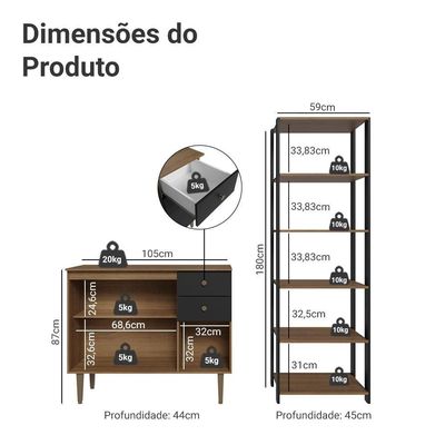 Kit Cozinha Balcão Gabinete 3 Portas 2 Gavetas E Armário Cozinha Despensa 5 Prateleiras Preto/rustic