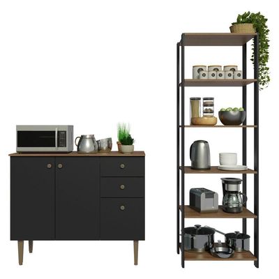 Kit Cozinha Balcão Gabinete 3 Portas 2 Gavetas E Armário Cozinha Despensa 5 Prateleiras Preto/rustic