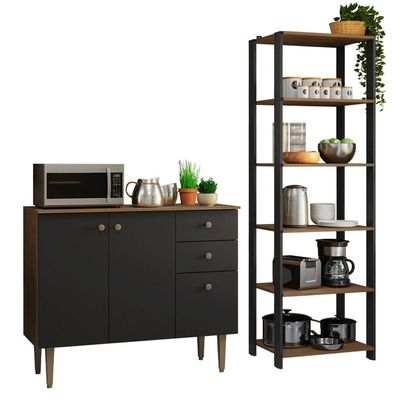 Kit Cozinha Balcão Gabinete 3 Portas 2 Gavetas E Armário Cozinha Despensa 5 Prateleiras Preto/rustic