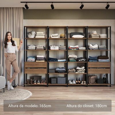 Guarda Roupa Closet Modulado 4 Gavetas 18 Prateleiras 258cm Valencia Madesa Rustic Preto
