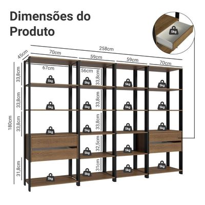 Guarda Roupa Closet Modulado 4 Gavetas 18 Prateleiras 258cm Valencia Madesa Rustic Preto