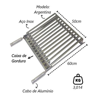 Grelha Parrilha Argentina Aço Inox com Caixa Gordura 50x60cm