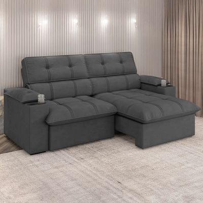 Sofá 3 Lugares Luizzi Besthouse Liverpool Slim com Assento Retrátil e Reclinável, Revestido em Suede - 210cm de Largura Titânio