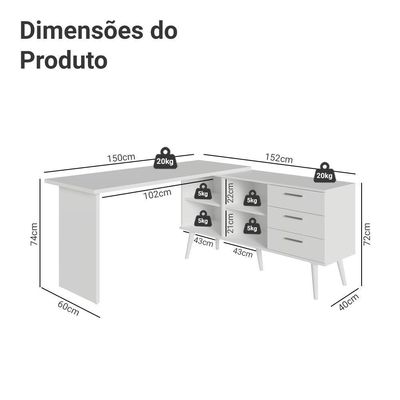 Escrivaninha  de Canto 3 Gavetas Branco Lisboa Madesa