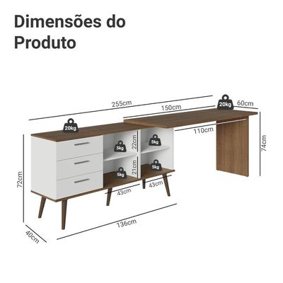 Mesa de Estudos em L 3 Gavetas Branco/Rústic Lisboa Madesa