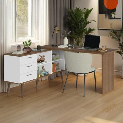 Mesa de Estudos em L 3 Gavetas Branco/Rústic Lisboa Madesa