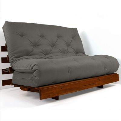 Sofá Cama Casal Futon Tokio Cinza Madeira Maciça Cor Imbuia