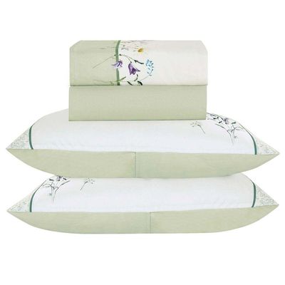 Jogo De Lençol Summer King 4 Peças Micropercal 300 Fios Estampado Floral Verde Lavanda 100% Poliéster
