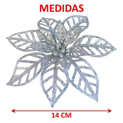 Kit 20 Flores Gliter Prata Decoração árvore De Natal De 14cm
