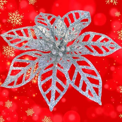 Kit 20 Flores Gliter Prata Decoração árvore De Natal De 14cm
