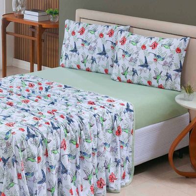 Jogo de Lençol Luar Queen 4 Peças Malha 100% Algodão Estampado - Verde Birds