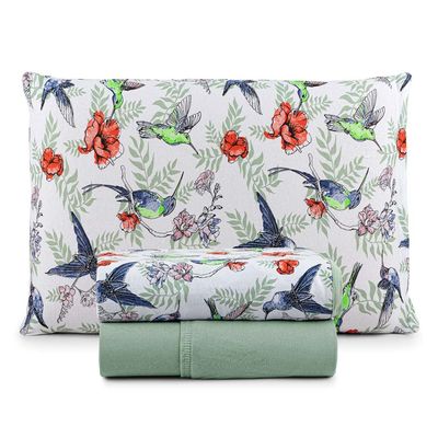 Jogo de Lençol Luar Solteiro 3 Peças Malha 100% Algodão Estampado - Verde Birds