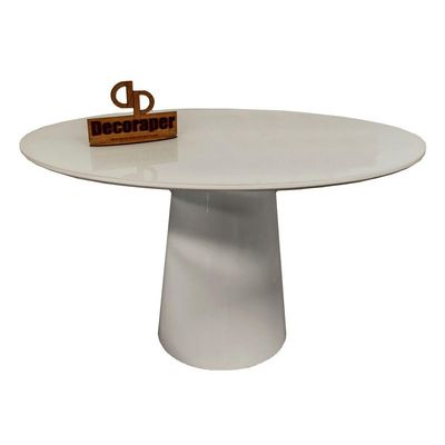 Mesa Jantar Cone Laqueado Tampo Redondo Laca Com Vidro 100cm Off White