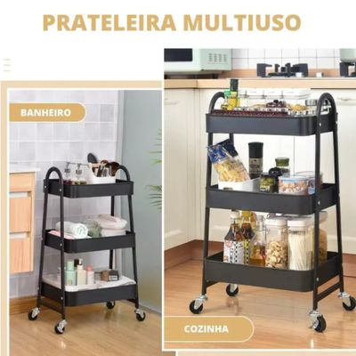 Prateleira de Metal Multiuso 3 Andares Com Rodinhas - Preto