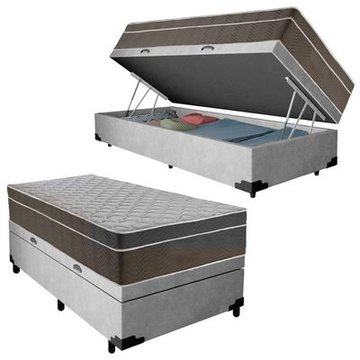 Cama Box Baú Suede Solteiro + Colchão Serene Molas Ensacadas 88x188x69 Cinza