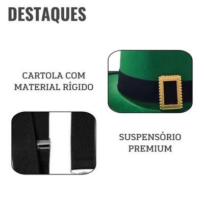Kit Fantasia São Patrício Masculina 2 Cartolas + Suspensório