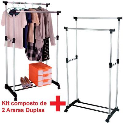 Arara Dupla De Roupas Regulável Em Aço Inox Com Sapateira