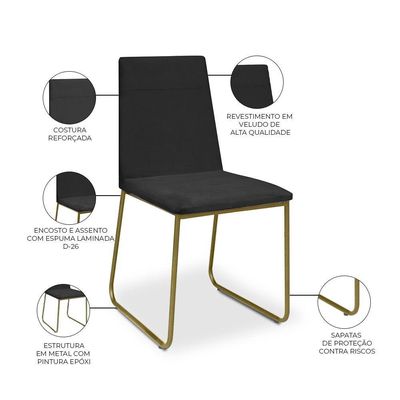 Kit 8 Cadeiras De Jantar Cozinha Industrial Lexa Veludo Élpis Móveis Preto Dourada